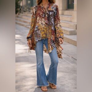 Chacha Vente Boho Paisley Tie Neck High Low Tunic Blouse Size M